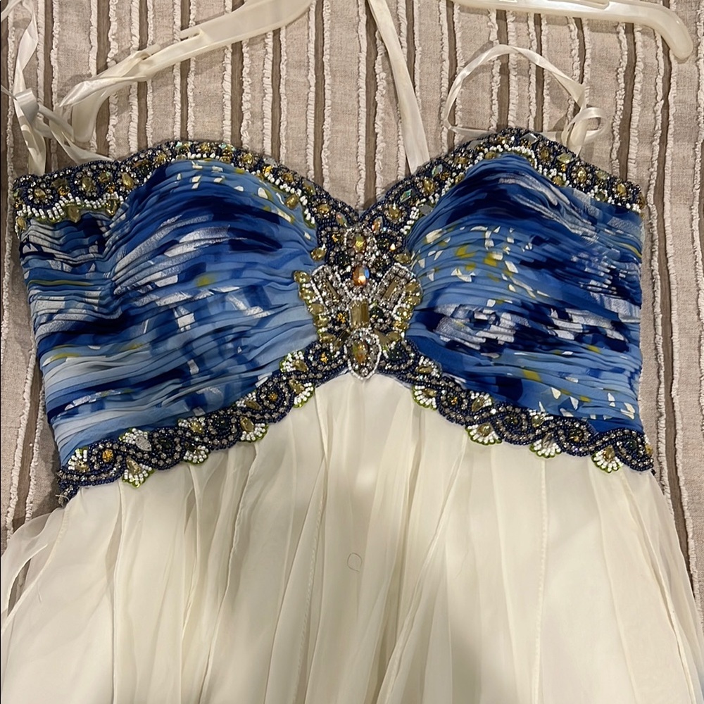 Terrani Couture - Couture Blue and White Strapless Evening Gown - Size 6 - Picture 3 of 9